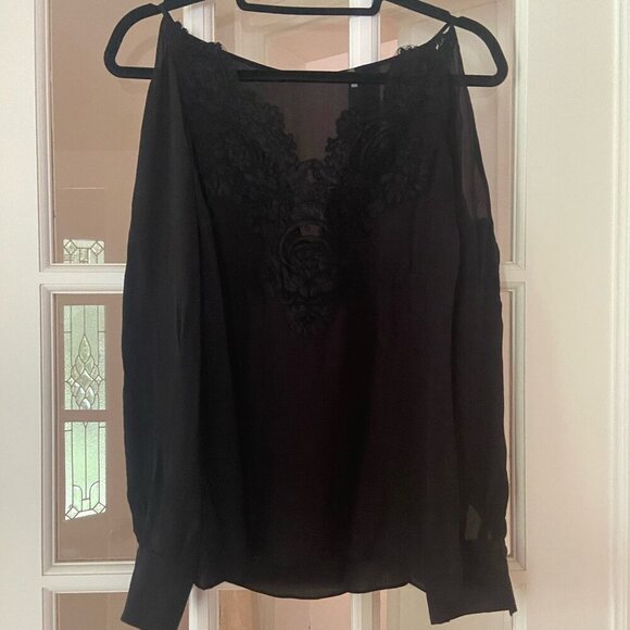 Elie Tahari Silk Black Long Sleeve Off The Shoulder Blouse w/ Lace Detail, XS - Picture 1 of 9